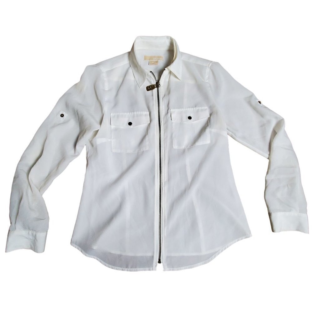 Michael‎ Kors Womens White Long Sleeve Silver Zipper Shirt Top Size P/S